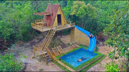100 days of building a tree villa with waterslide & a pool!