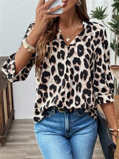 SHEIN LUNE Plus Size Casual Leopard Print Bishop Sleeve Blouse, Western Wear, Boho, Hippie, Cowgirl, Bohemian, Old Money,Summer, Concert, Rave Festival Summer Boho Old Money Summer Spring Break Rave Festival Spring Break | SHEIN
