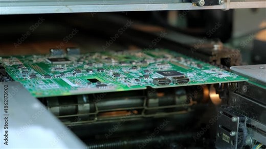 Automated manufacturing process with a printed circuit board moving on a conveyor belt into a reflow oven for surface mount technology soldering of electronic components