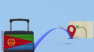 Airline flying to map with a suitcase containing the flag of - Eritrea