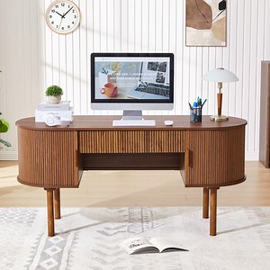 PHOYAL Fluted Home Office Desks with Drawers and Storage, Computer PC Desk with File Drawer and Cabinet, Oval Writing Study Table with 2 Sliding Tambour Door for Bedroom, Walnut