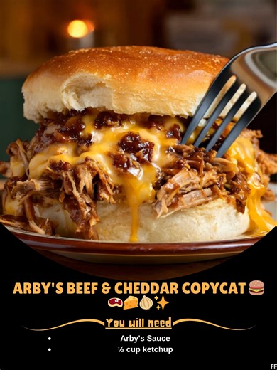 Arby's 🐑 Beef & Cheddar Copycat 🍔🥩🧀🧅✨ Tender roast beef with cheddar sauce and tangy dressing on a soft onion bun. A satisfying copycat sandwich! Ingredients: Arby's Sauce ½ cup ketchup ..... Full Recipe in Coʍmеոτ 💬 ⛴ | Tasty Recipes