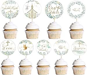 First Communion Cupcake Toppers - 36PCS Baptism Cake Decorations for Boys Girls Bautizo Decorations God Bless Birthday Party Baby Shower Decor Sage Green First Communion Party Cake Toppers
