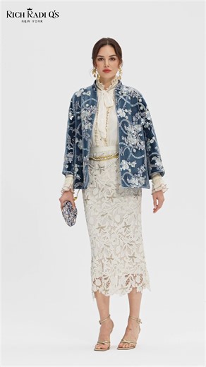 Velvet warmth meets floral shimmer. With 3/4 sleeves and exquisite sequin-embroidered florals, this jacket brings texture, color, and dimension to your wardrobe. Perfect for transitions—day into night, casual into refined. #richradiqs | RichRadiqs