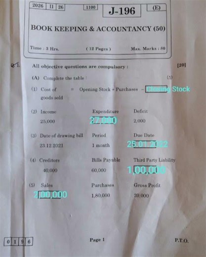12th state board paper Bookkeeping and accountancy answer key