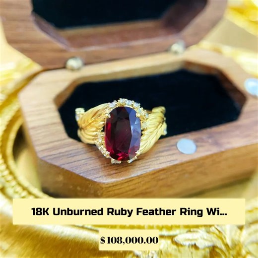 ✨ This ring is the ultimate flex! ✨ Introducing the stunning 18K Unburned Ruby Feather Ring, certified by AIGS, and exclusive for those who crave luxury. 💍💖 At $108,000, this remarkable piece isn't just jewelry; it's a statement of elegance and confidence. With its mesmerizing ruby hue and intricate feather design, it adds a touch of sophistication to any outfit, making you the star of every occasion. 🌟 Whether you’re at a gala or a cozy dinner, you’ll shine with undeniable charm. Make heads 