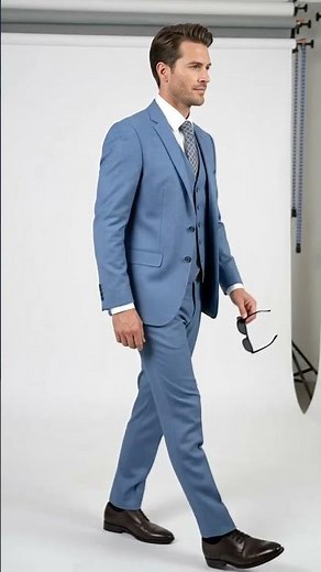 Men’s Ice Blue 3 Piece Suit with Vest, Formal Wedding Prom Dress Suit