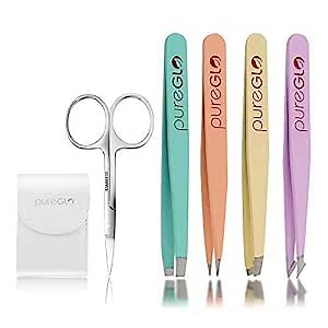 Tweezers Set 5-piece - pureGLO Professional Stainless Steel Slant and Pointed Tip Tweezer Set with Scissors - Best Precision for Eyebrow, Ingrown Hair, Splinter