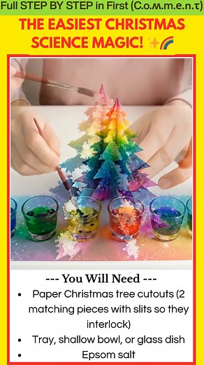 🎄✨ Rainbow Baking Soda Crystal Tree – The Easiest Christmas Science Magic! ✨🌈 Materials Needed: Paper Christmas tree cutouts (2 matching pieces with slits so they interlock) Tray, shallow bowl, or glass dish Epsom salt (best for fast, dramatic crystal growth!) Optional substitutes: table salt or baking soda (slower, less fluffy) Warm water Food coloring (multiple colors) Small cups for mixing colors Paintbrush or dropper Scissors markers (optional for decorating your tree first) | Kira Recipes
