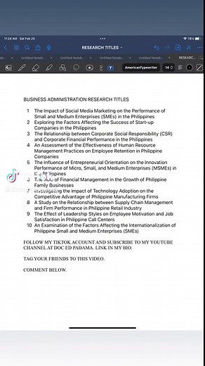 BUSINESS ADMINISTRATION RESEARCH TITLES #docedpadama #angsabinidoced #businessadministrationmajor #researchtitle #researchpaper #edutokph #fypシ