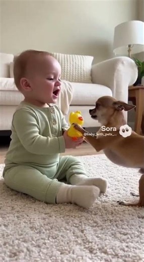 Puppy vs Baby Who Gets the Rubber Ducky The Dog Wins ! 😂