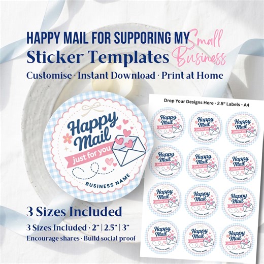 HAPPY MAIL Has Arrived Sticker Template | Editable Canva Packaging Label | Blue Pink Gingham Printable Label, Small Businesses Mailer Seal - Etsy Canada