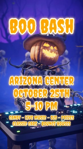 Arizona Center on Instagram: "👻 Free Event Tonight! 🎃 Join us at Arizona Center for a night of candy, costumes, music, giveaways, and fun! Boo Bash, brought to you by @lacampesina1019 will have fun for all ages. 2 hour parking validation is available for the Arizona Center garage at the information booth by Bosa Donuts."
