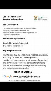 Job Position: Admin Clerk – Purchasing and Stores Reference Number: REFS/023231 Directorate: Supply Chain Management Location: Johannesburg, Gauteng Salary: R228,321 per annum (plus benefits) Job Type: Permanent | Full-Time Find The Application Link in The Comments Section To Apply | Job opportunities Available for 2025