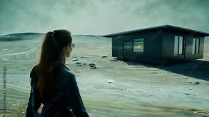 A woman gazes over desolate terrain, with a sleek house in the background, illuminated by soft dusk light, creating an eerie yet serene atmosphere.