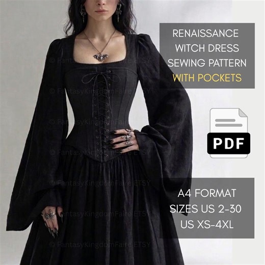 Medieval Witch Full Length Dress Pattern With Pockets XS-4XL | A4 US Sizes 2 to 30 | Renaissance Attire (digital Download) - Etsy