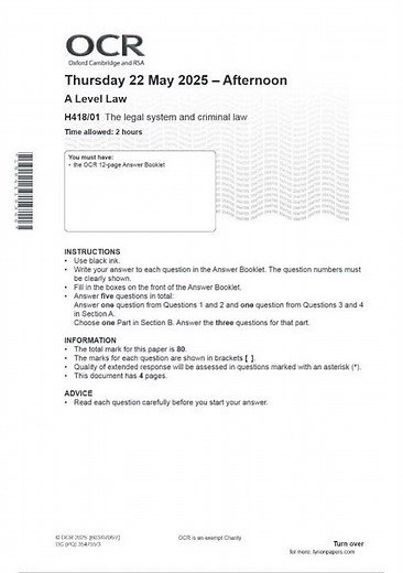 OCR A LEVEL LAW Paper 1, 2, 3 & 4 JUNE 2025 QUESTION PAPERS AND MARK SCHEMES