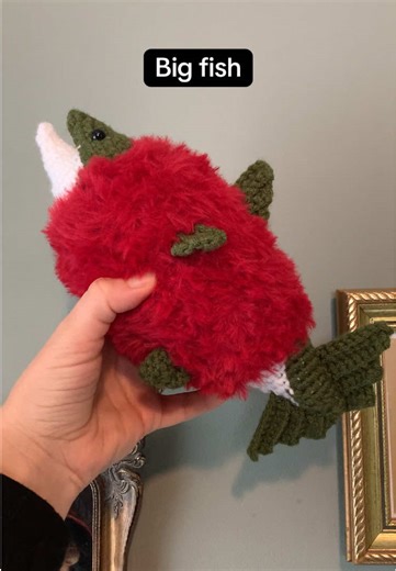 Made a fuzzy crochet sockeye salmon with leftover red and green yarn. #crochetfish #fishing #crafting #fishtok #salmon