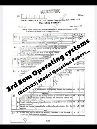 Operating Systems [OS] (BCS303) Model Question Papers #vtu #vtupapers #song #operatingsystem #2024