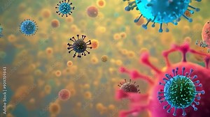 A vibrant display of viruses is presented under a microscope, showcasing intricate structures and bright colors, capturing the fascinating world of microbiology. Stock Video
