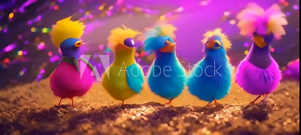 a surrealistic scene of cute monsters made from colorful feathers dancing on a plain background with festival decorations