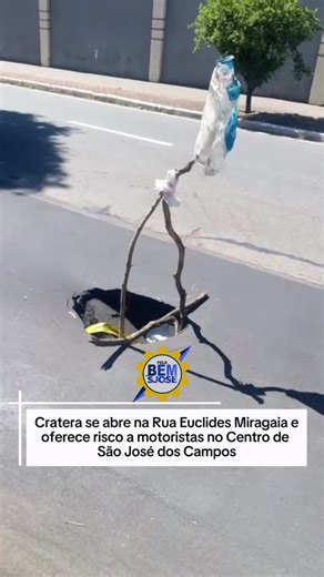 Pelo Bem de São José on Instagram: "Atenção motoristas que trafegam pela região central de São José dos Campos. Um buraco de grandes proporções, semelhante a uma cratera, se abriu na Rua Euclides Miragaia, logo no início da via, após o término da Avenida 9 de Julho, nas proximidades do antigo Tênis Clube. O local foi sinalizado de forma improvisada por um munícipe, com o objetivo de alertar os condutores e evitar acidentes. A situação oferece risco a quem passa pela região, especialmente em perí