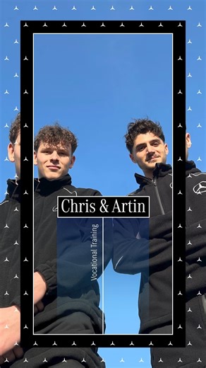 Becoming… One of Us. Artin and Chris give you a glimpse into their apprenticeships at Mercedes-Benz and how they engage in career activities. Artin is an IT specialist for data and process analysis, optimising data processes and developing innovative IT solutions. He values the advantage of the numerous learning opportunities and hands-on project involvement during his vocational training. “I am particularly proud of my participation in a ticket system project, which improved internal workflows.