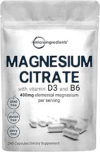 Micro Ingredients Magnesium Citrate 400mg, 240 Capsules | with Vitamin D3 1000IU & B6 | Muscle, Heart & Digestive Health | Elemental Mineral & Vitamins Complex | Non-GMO