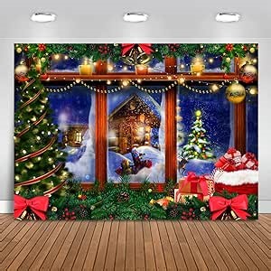 Winter Christmas Window Photography Backdrop 7x5ft Snowy Christmas Tree Gift Santa Claus Reindeer Backdrop Merry Christmas Backdrop Xmas Photo Booth Props Backdrop YL124