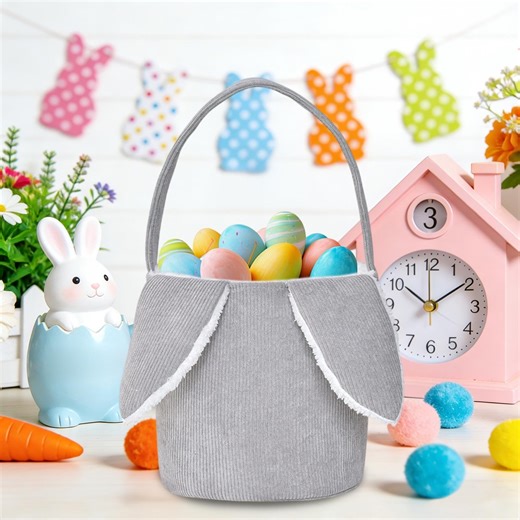 CuiLiyq Easter Flock Bunny Basket Bag, 1 Pcs Personalized Rabbit Bucket Tote with Rabbit Ears, Cute Egg Hunts Party Storage Candy Gifts Carry Bucket Decorations (Gray)