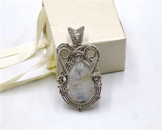 Rainbow Moonstone Copper Wire Wrapped Pendant, Natural Moonstone Crystal Necklace, Handmade Boho Gemstone Jewelry - Etsy