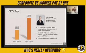 15 reactions · 18 shares | CORPORATE VS. WORKER PAY: Who's REALLY "Overpaid" at UPS? 樂 Is it the union workers, who make a median of $50,000 a year? Or is it UPS CEO Carol Tome, who makes over $27 million? Chis Bohner of Radish Research explains. Excerpt from our webinar, UPS By the Numbers. Watch the full webinar here: https://youtu.be/wJ9MHIoqK1M | Teamsters for a Democratic Union | Facebook