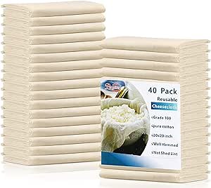 Peryiter 40 Pcs Cheese Cloth for Straining Grade 100 Cheesecloth Hemmed Unbleached Cotton Cheese Reusable Muslin Cloth Strainer for Making Supplies Juicing Canning Cooking, 20x20 Inch