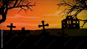 Halloween background animation with animated trees, haunted castle and silhouette tombs. Scary night of halloween.