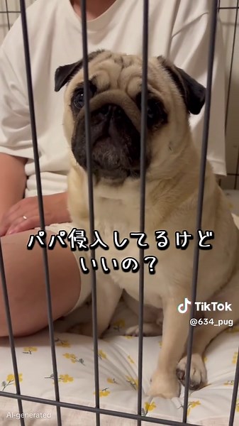 むさしベーカリー開店しました🥐 #パグ #ちぎりパン #pug #犬 #ケージ
