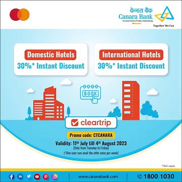 1.7K views · 284 reactions | Discover the world with Canara Bank MasterCard Debit Card! Get ready to embark on unforgettable journeys and make incredible memories with amazing discounts upto 30% on Cleartrip! Use Coupon Code: CTCANARA to avail fantastic discounts. T&Cs apply. #CanaraBank #CardOffers | Canara Bank | Facebook