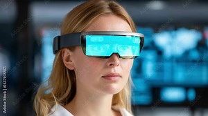 Virtual Vision: A captivating portrait of a woman immersed in the future, donned with a sleek augmented reality headset, the glasses reflect a futuristic interface, creating a world of possibilities.
