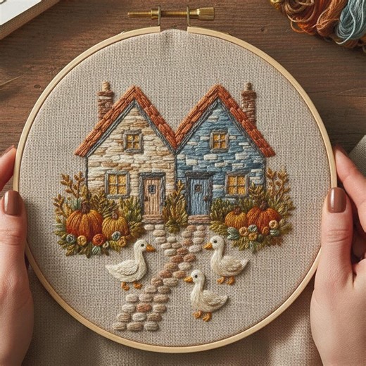 Autumn Cottage Ducks Hand Embroidery Pattern, Cozy Farmhouse Hoop Art, Beginner Friendly Digital Download - Etsy