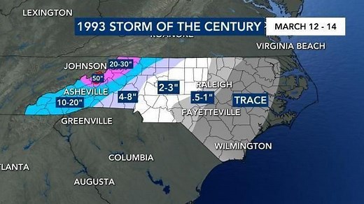 The 1993 storm of the century brought 50 inches of snow, 93 mph winds to NC