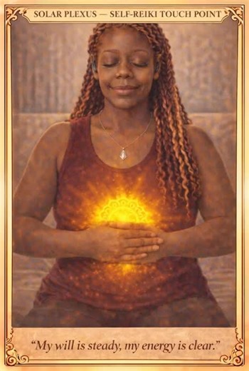 Solar Plexus — Self Reiki Touch Point (Today) Place one or both hands gently over the upper abdomen, just above the navel and below the ribcage. Allow your breath to soften into this space as warmth builds beneath your palms. Focus: confidence, personal power, clarity Breath cue: inhale strength, exhale self-doubt Duration: 3–7 minutes, or until you feel a settling calm Let this center remind you that your will is steady and your energy is yours to direct.