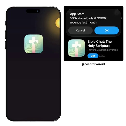 This is how a Bible chat app making almost $1M/month is doing its onboarding:Onboarding- Clean design + smooth animations- Shows social proof (reviews)- Collects key user data- Gets users to interact and commit earlyPaywall- Eye catching animation- Soft paywall- Only offers a weekly plan- 7 day free trialYour onboarding is your first impression, make it count.Start building yours with Anything