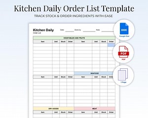 Kitchen Daily Order List Template | Food Stock & Order Sheet for Chefs | Editable PDF Inventory Tracker | Printable + Editable - Etsy