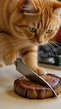 Cat Cook Steak for Starving Puppy #cut#cat #cooking