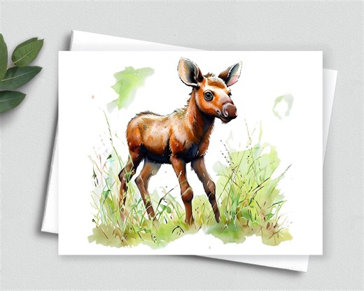 Baby Moose Note Card – Watercolor Moose Calf Greeting Card – Woodland Wildlife Stationery – Rustic Nature Animal Card - A2 Note Cards 702 - Etsy