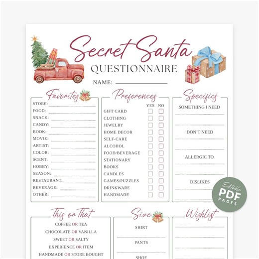 Secret Santa Questionnaire Printable, Secret Santa Gift Exchange, Office Holiday Party Games, Secret Santa Wish List, Work Secret Santa PDF - Etsy