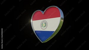 Flag of the Paraguay in the shape of 3D heart. Metallic heart with glass and relief elements of the country flag. Animation with alpha channel.