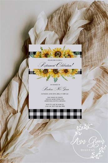 Sunflower and Gingham Retirement Party Invitations: Summer Picnic, Editable Corjl Template (digital Download) - Etsy