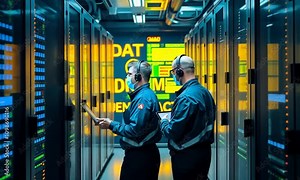 An engineering operator at a modern workstation, interacting with an advanced data system displayed on multiple high-resolution monitors