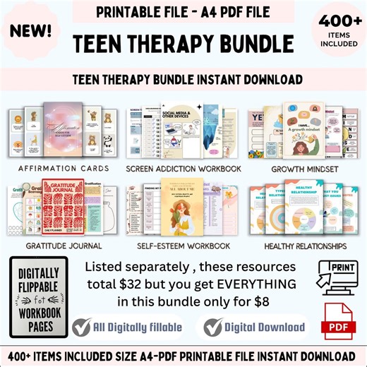 Teen Therapy Mega Worksheet Bundle, Therapy Workbook, Therapist Journal Anxiety, Psychology Kids Mental Health, Teenagers Coping Skills, GAD - Etsy