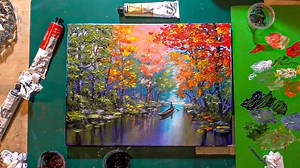 Relaxing autumn river forest art with golden leaves and reflections